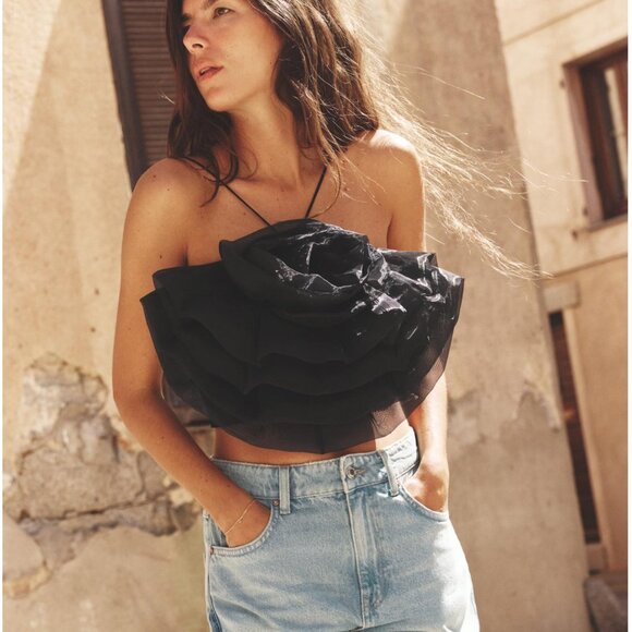 Zara Women Black Large Floral Flower ORGANZA TOP M NWT 0085/355 - Picture 1 of 8